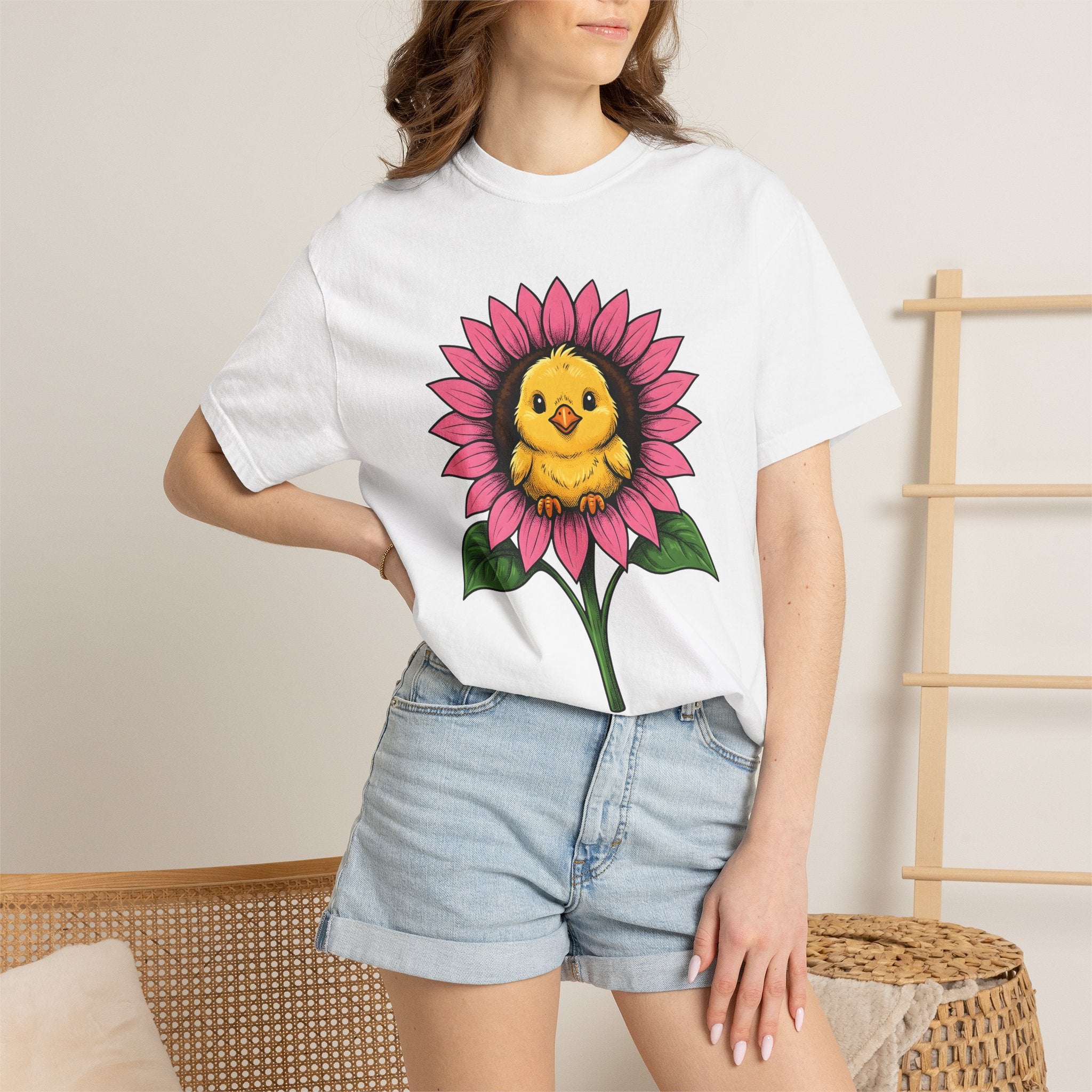 Baby Chick Sunflower Shirt Easter Flower Gift Women Adorable Tee Chick T-Shirt Spring Fan Cute Tshirt Floral Graphic Sketch Greenery Tshirt