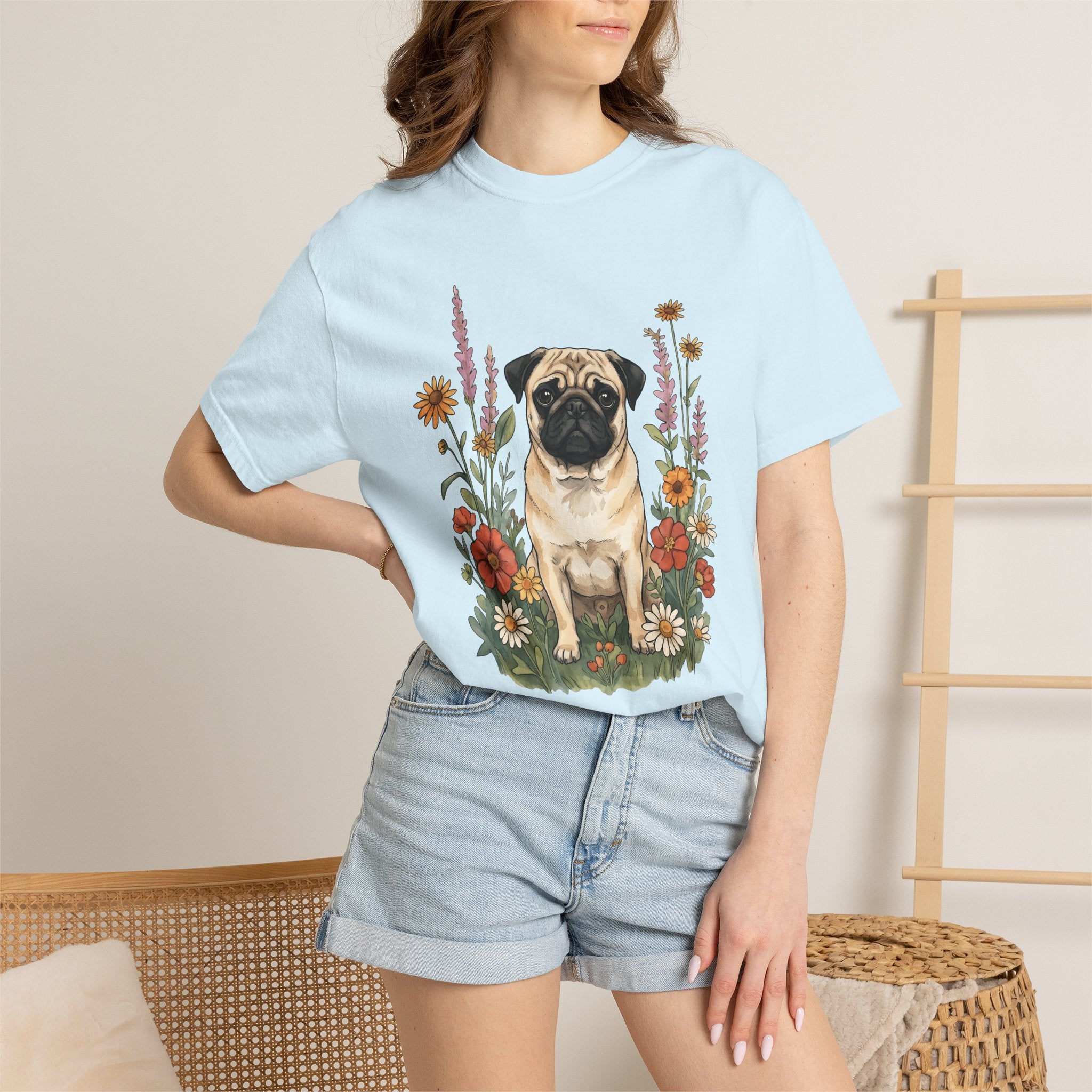 Pug Pet Shirt Dog Blossoms Gift Women Gouache Tee Pug T-Shirt Dog Fan Painter Tshirt Floral Graphic Contour Wild Blooms Tshirt