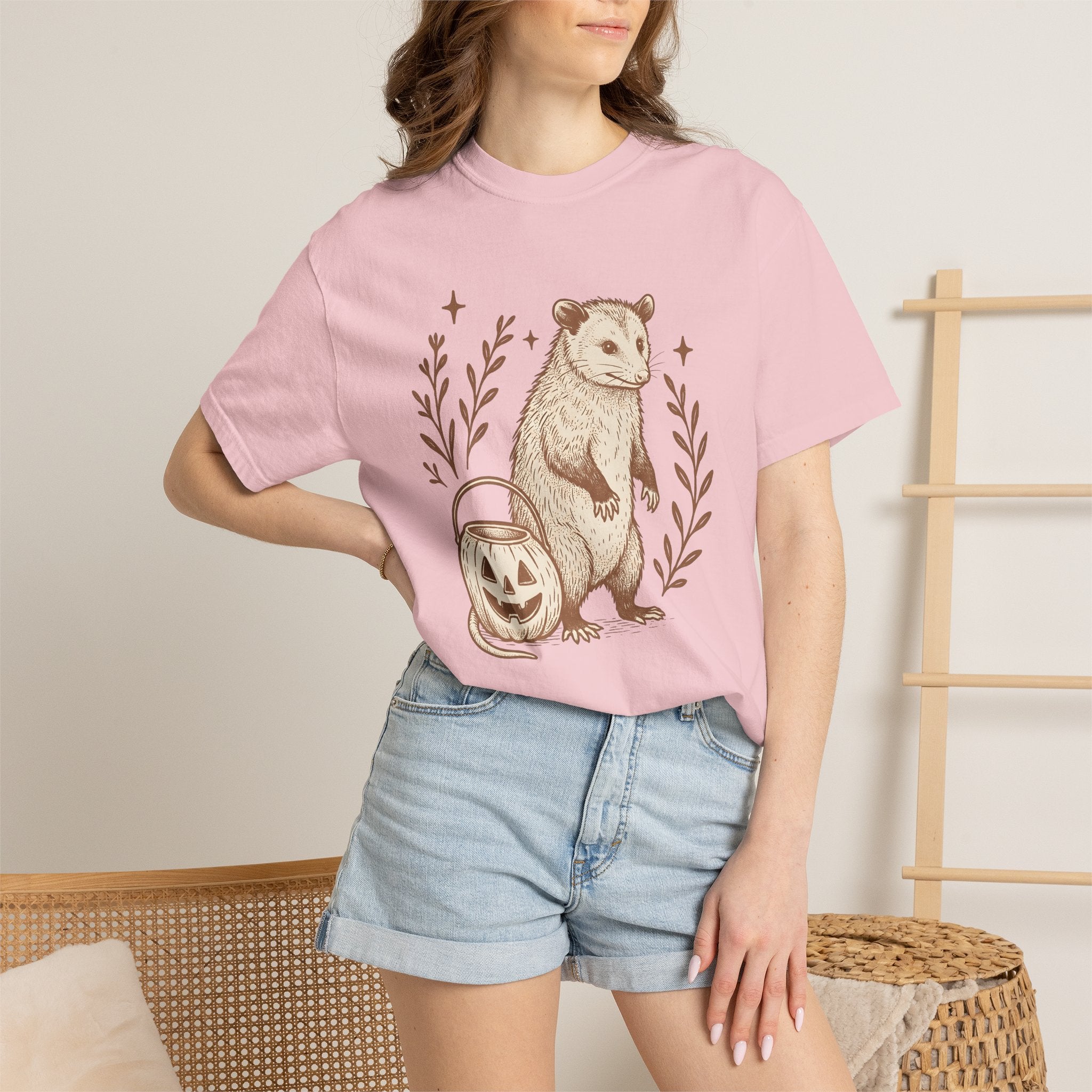 Opossum Pumpkin Shirt Halloween Wildlife Gift Women Sketch Tee Possum T-Shirt Horror Fan Drawing Graphic Tshirt Retro Star Shapes Tshirt