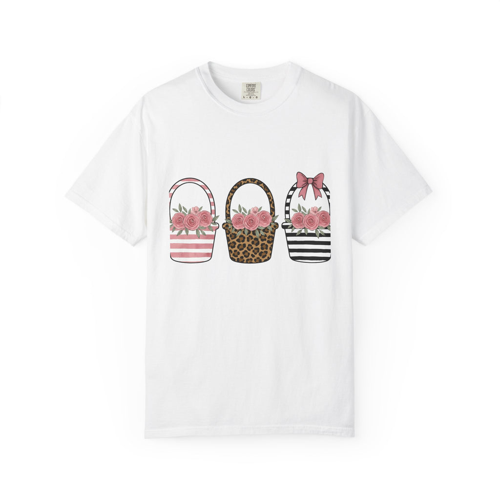 Easter Basket Shirt Easter Bouquet Gift Women Hand Painted Tee Easter Basket T-Shirt Easter Fan Painted Tshirt Bouquet Design Rustic Flower