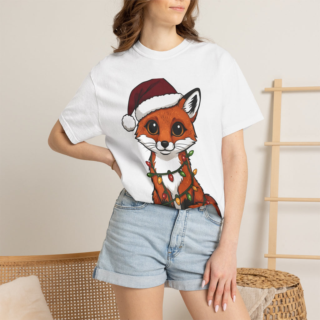 Fox Santa Hat Shirt Christmas Animal Gift Women Cartoon Tee Fox T-Shirt Xmas Fan Fox Graphic Kawaii Christmas Lights Tshirt