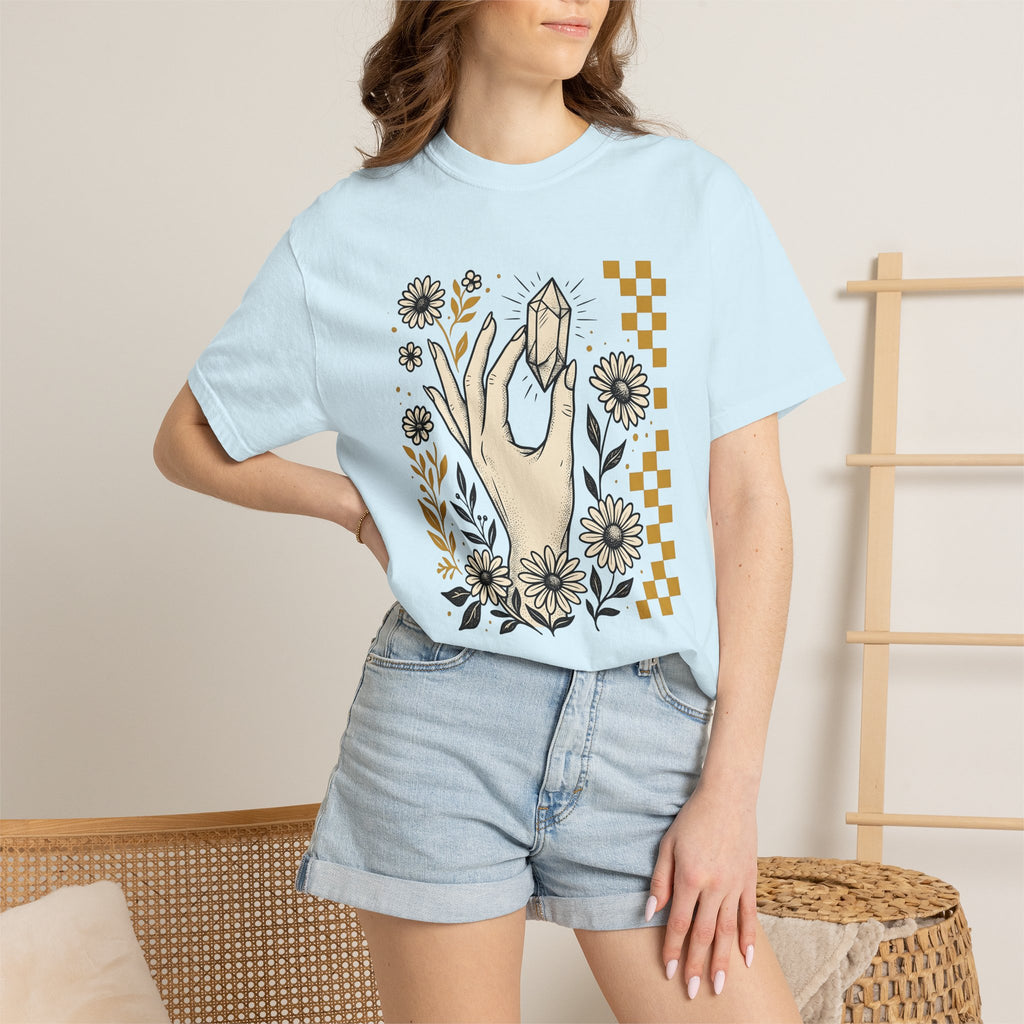 Gemstone Hand Shirt Boho Chic Mindfulness Gift Women Body Art Tee Crystal Hand T-Shirt Bohemian Fan Tattoo Art Tshirt Meditation Graphic