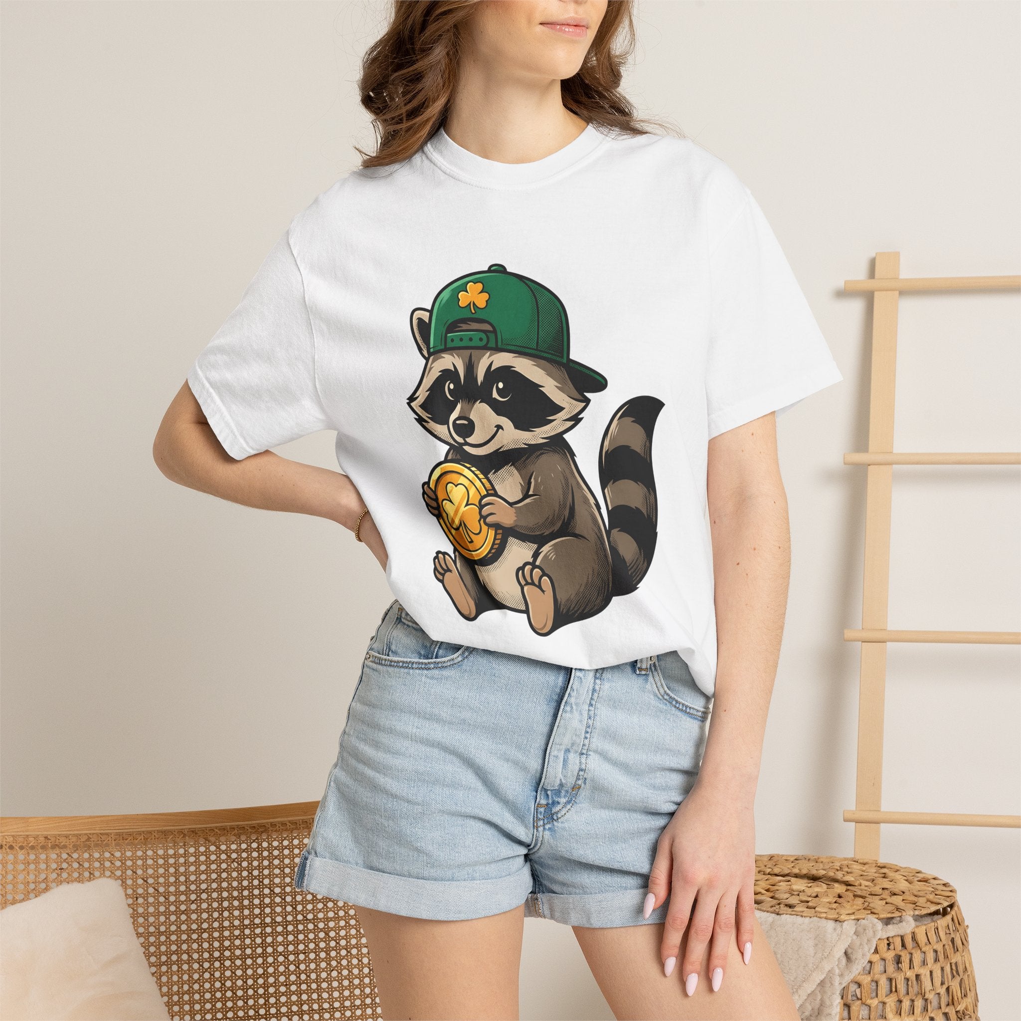 Raccoon Coin Shirt St Patrick's Day Animal Gift Women Cartoon Tee Coin Purse T-Shirt St Patricks Fan Cartoonish Tshirt Wildlife Graphic