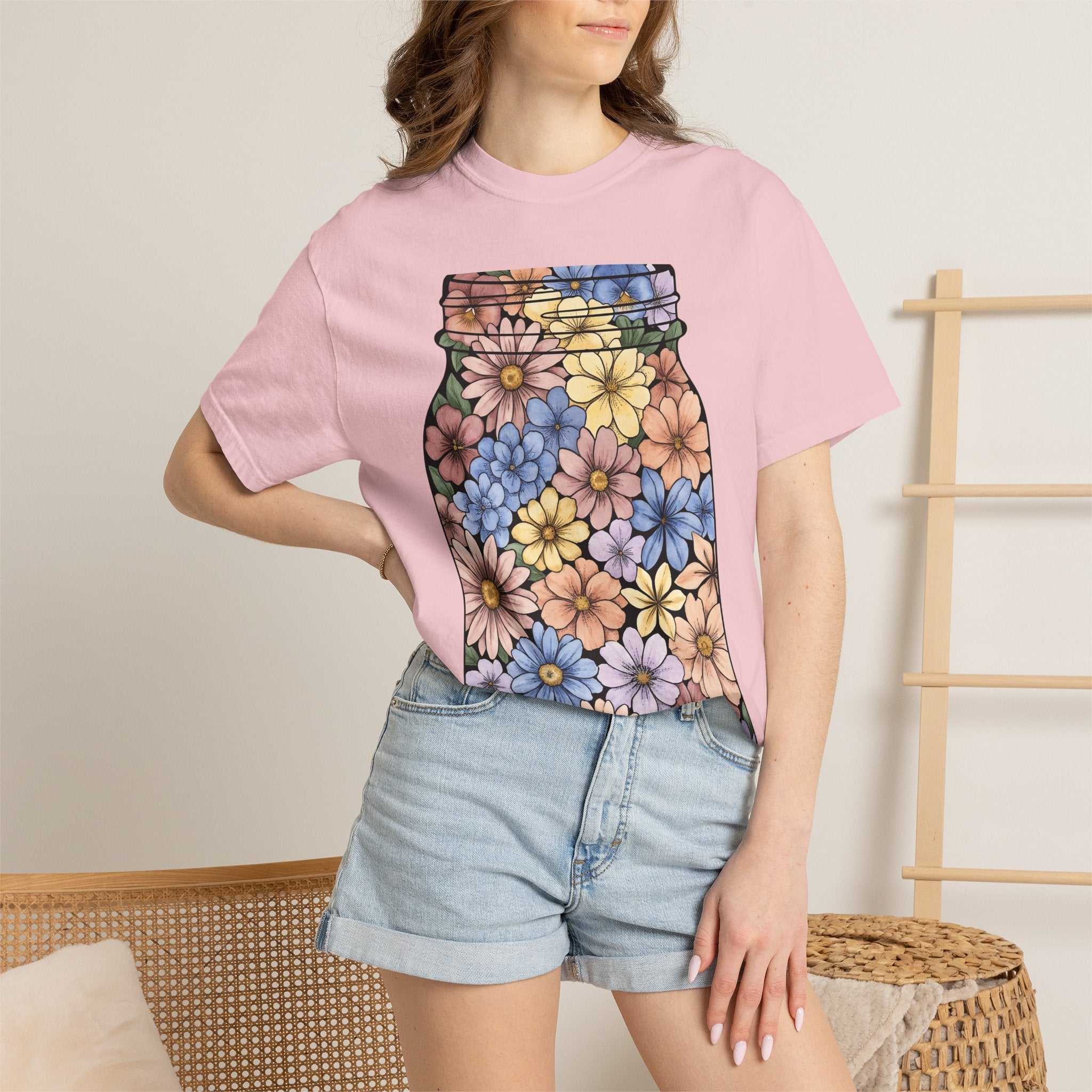 Floral Jar Shirt Easter Blossom Gift Women Brush Stroke Tee Mason Jar T-Shirt Spring Fan Watercolor Tshirt Flower Graphic Shabby Chic Daisy