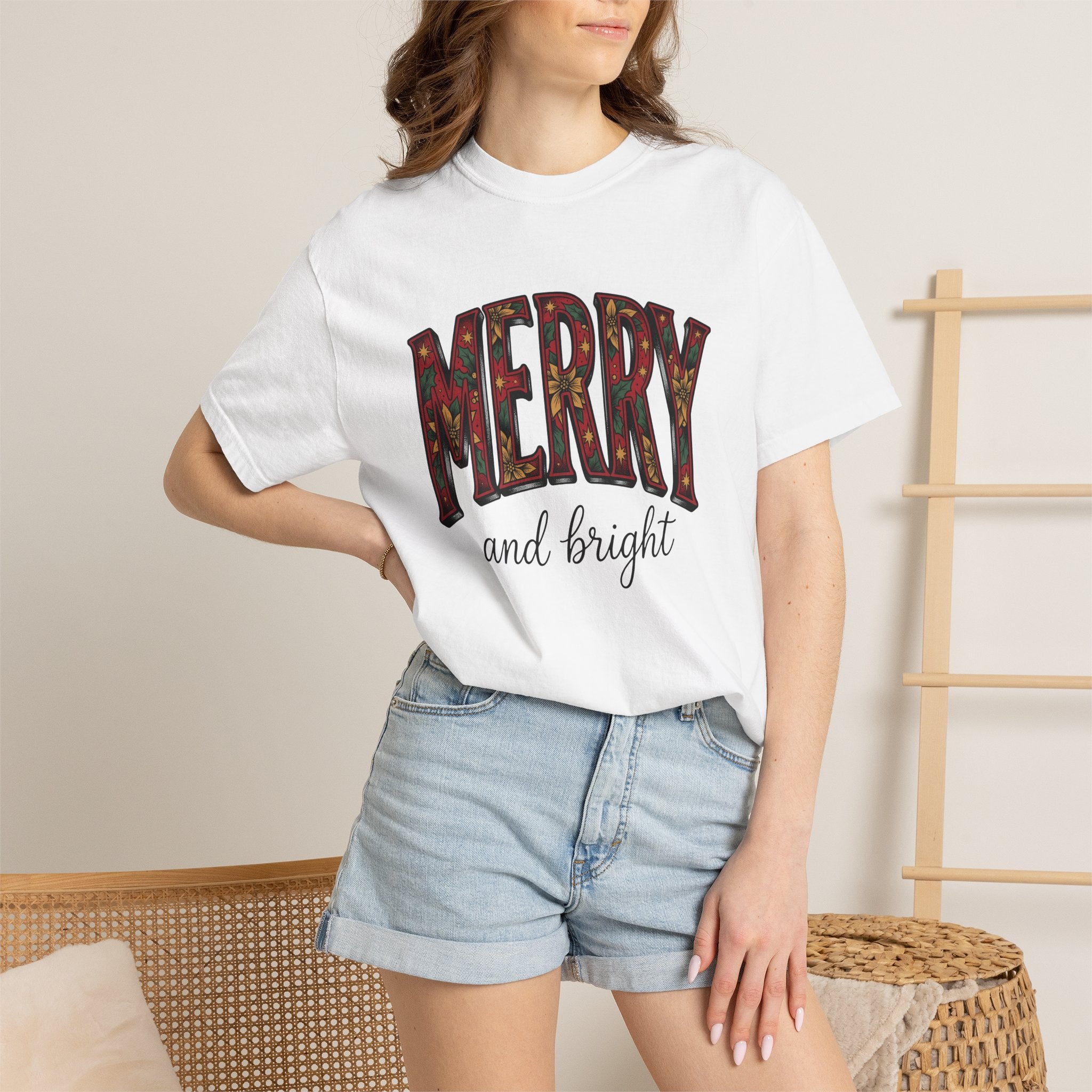 Poinsettia Holly Words Shirt Christmas Festivities Gift Women Merry Tee Christmas Decoration T-Shirt Holiday Fan Christmas Art Tshirt