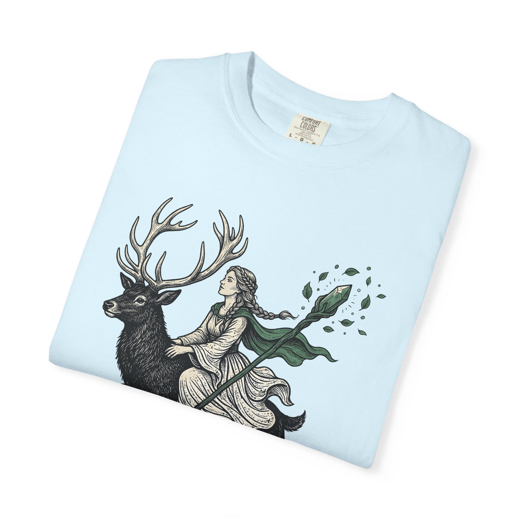 Woman Riding Stag Shirt Boho Chic Woodland Gift Women Fantasy Tee Rider T-Shirt Bohemian Fan Mythical Tshirt Forest Graphic Vintage Crystal