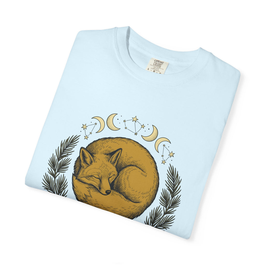 Curled Fox Shirt Boho Chic Outdoors Gift Women Tribal Tee Fox T-Shirt Bohemian Fan Primitive Tshirt Wilderness Graphic Line Art Moon Phases