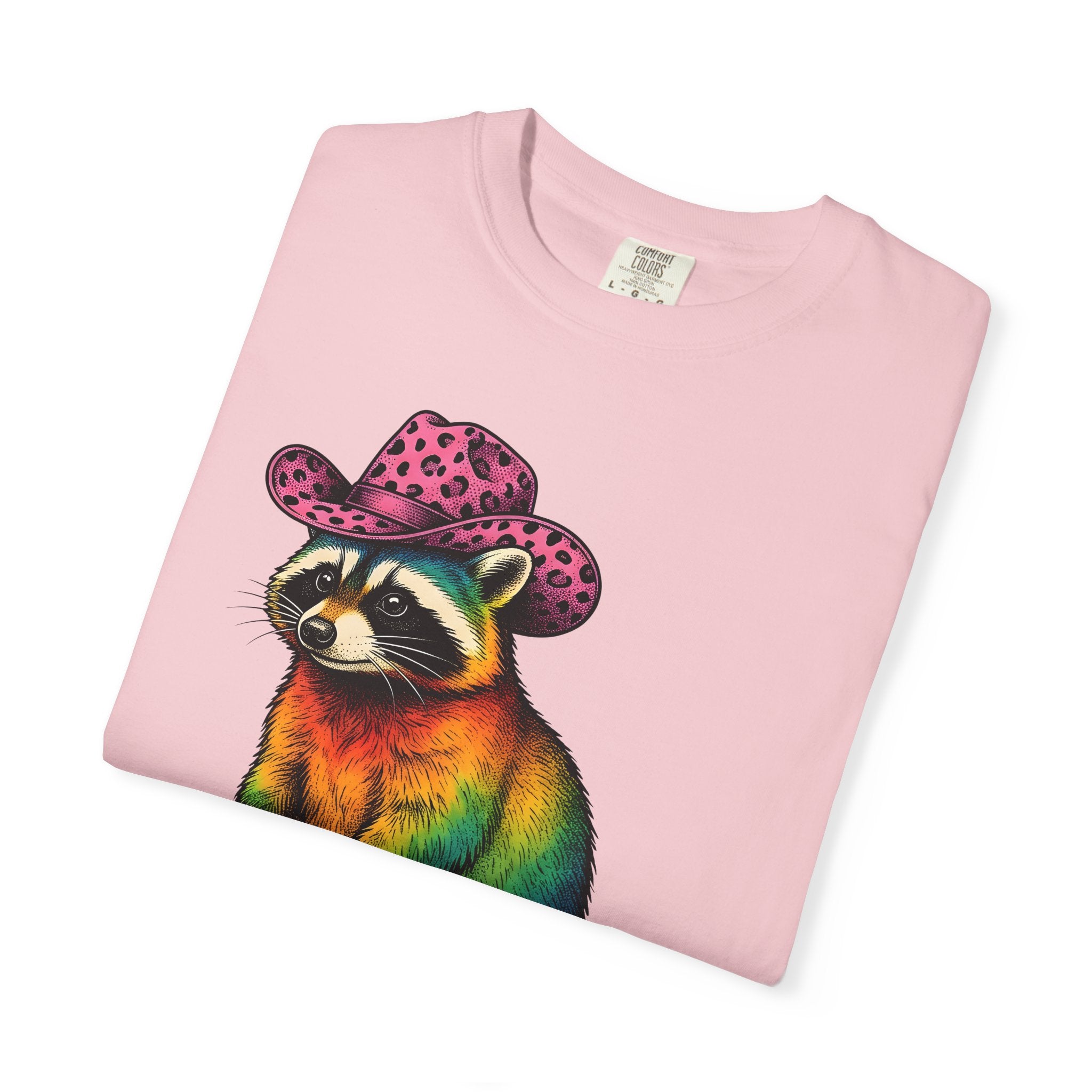 Colorful Raccoon Shirt Cowgirl Wildlife Gift Women Vibrant Graphic Tee Raccoon T-Shirt Cowgirl Fan Animal Graphic Wildlife Illustration