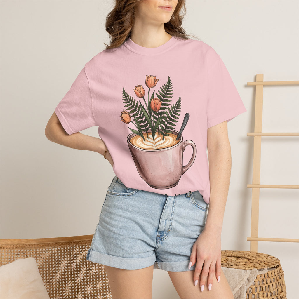 Latte Cup Shirt Coffee Buds Gift Women Line Art Tee Coffee Mug T-Shirt Coffee Fan Minimalist Tshirt Floral Graphic Cartoon Daisies Tshirt