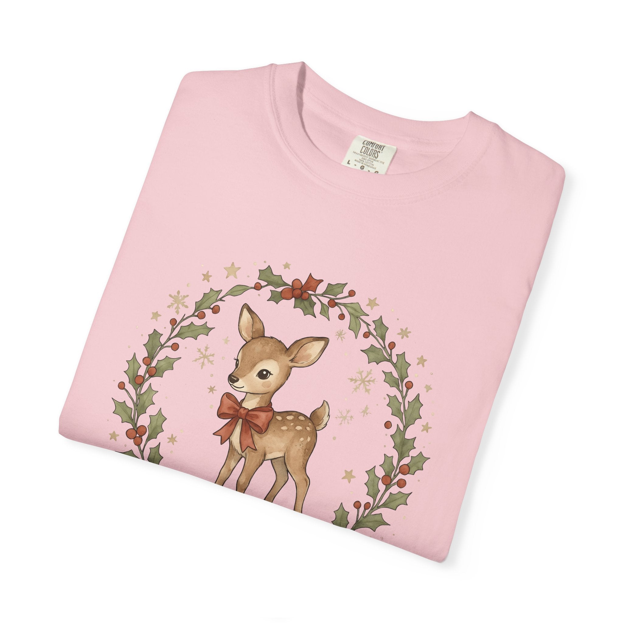 Young Deer Shirt Christmas Timberland Gift Women Gouache Tee Fawn T-Shirt Christmas Fan Watercolor Tshirt Woods Graphic Ink Pine Wreath