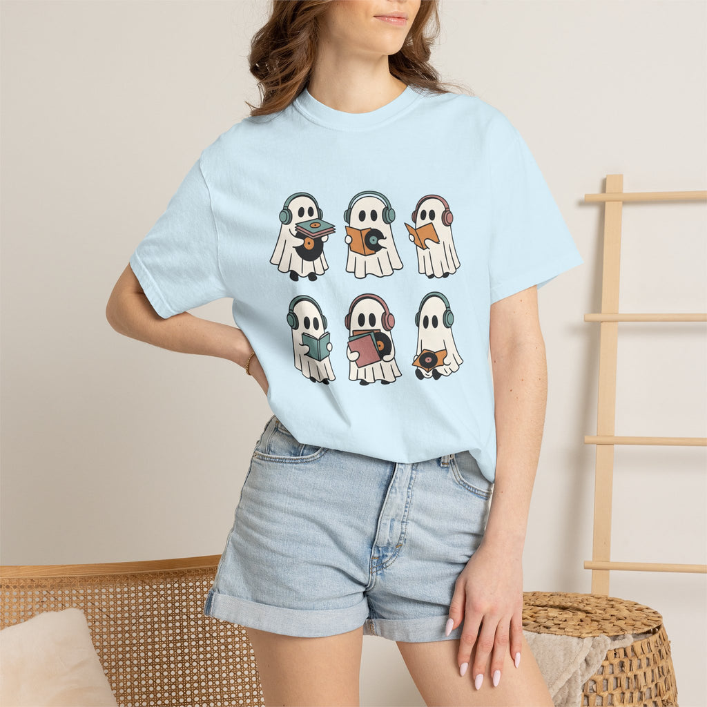 Ghost Music Shirt Halloween Music Gift Women Cartoon Tee Spirit T-Shirt Horror Fan Comic Tshirt Melody Graphic Retro Headphones Tshirt
