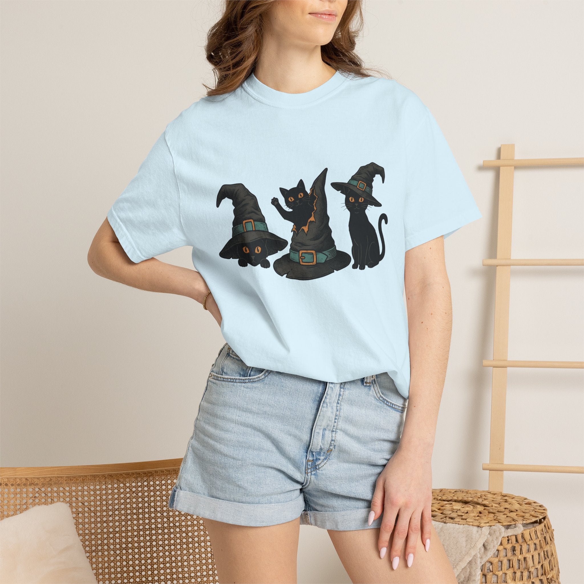 Black Cats Shirt Cat Costume Gift Women Retro Tee Cat T-Shirt Cat Fan Vintage Tshirt Cosplay Graphic Sketch Witch Hats Tshirt
