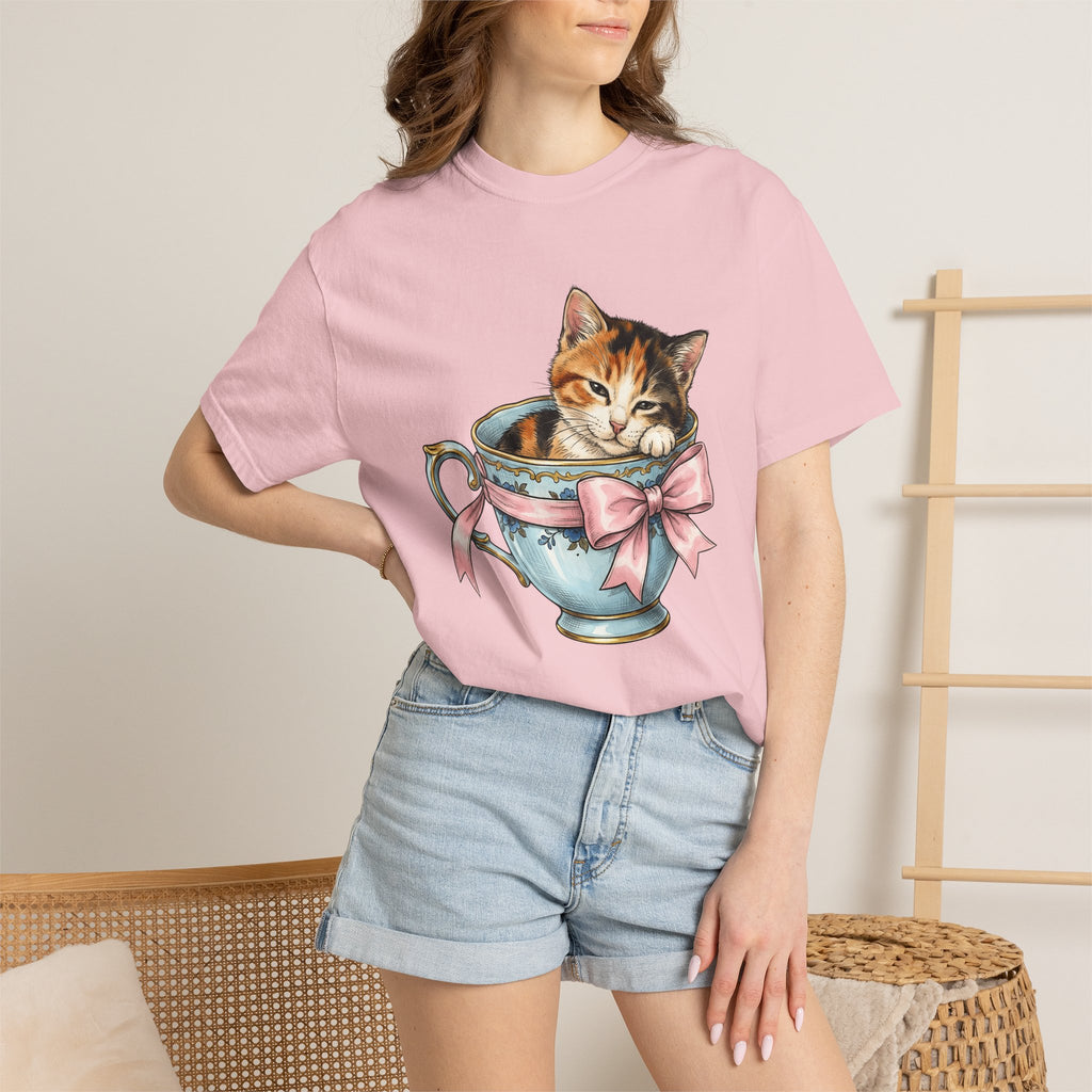 Kitten Teacup Shirt Cat Floral Gift Women Vintage Tee Kitten T-Shirt Cat Fan Retro Tshirt Floral Graphic Hand Drawn Pink Bow Tshirt
