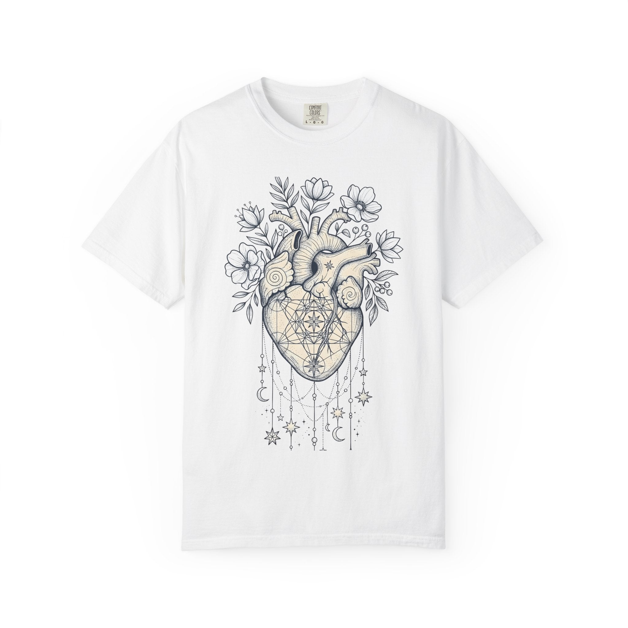 Anatomical Heart Floral Shirt Boho Chic Spiritual Gift Women Line Art Tee Heart T-Shirt Bohemian Enthusiast Illustrative Tshirt Mystical