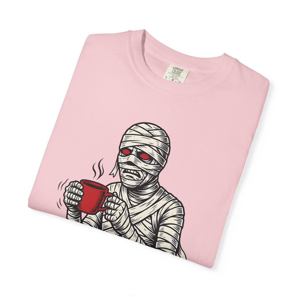 Bandaged Coffee Cup Shirt Halloween Caffeine Gift Women Cartoon Tee Mug T-Shirt Spooky Fan Coffee Cup Tshirt Caffeine Graphic Sketch Crimson