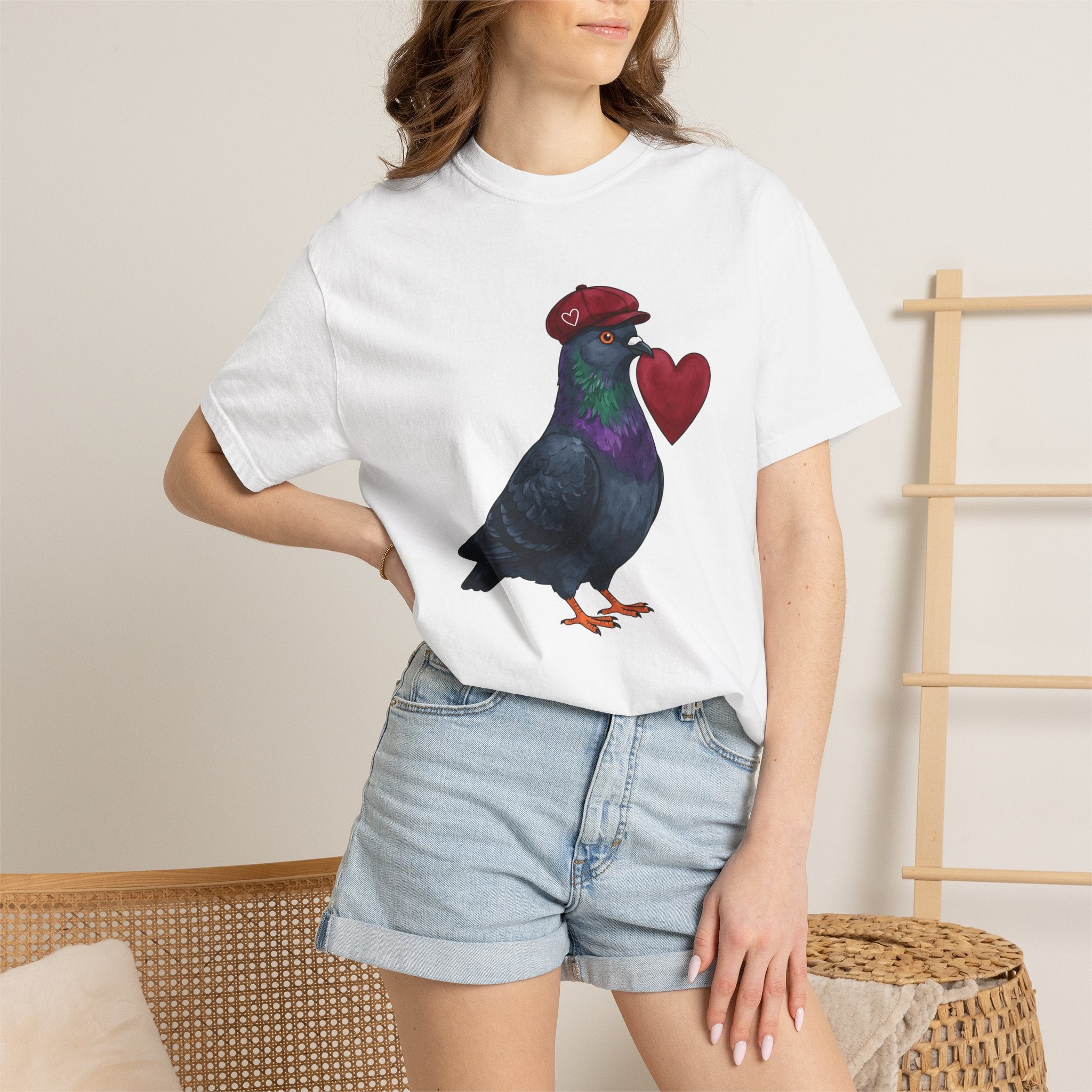 Pigeon Heart Shirt St. Valentines Day Love Gift Women Cartoon Tee Dove T-Shirt Valentine Fan Comic Tshirt Romance Graphic Watercolor Cap