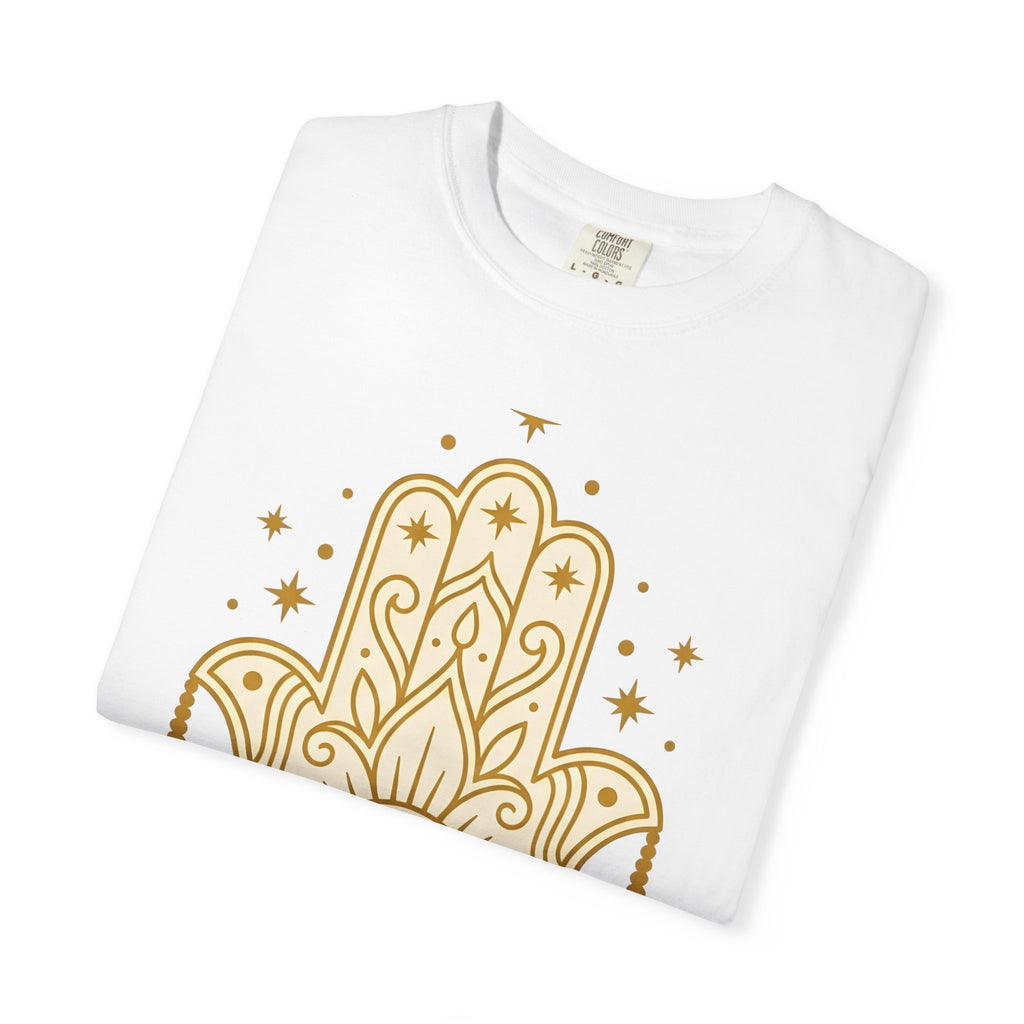 Hamsa Charm Shirt Boho Chic Meditation Gift Women Sketch Tee Hand Charm T-Shirt Bohemian Enthusiast Drawing Illustration Spiritual Design
