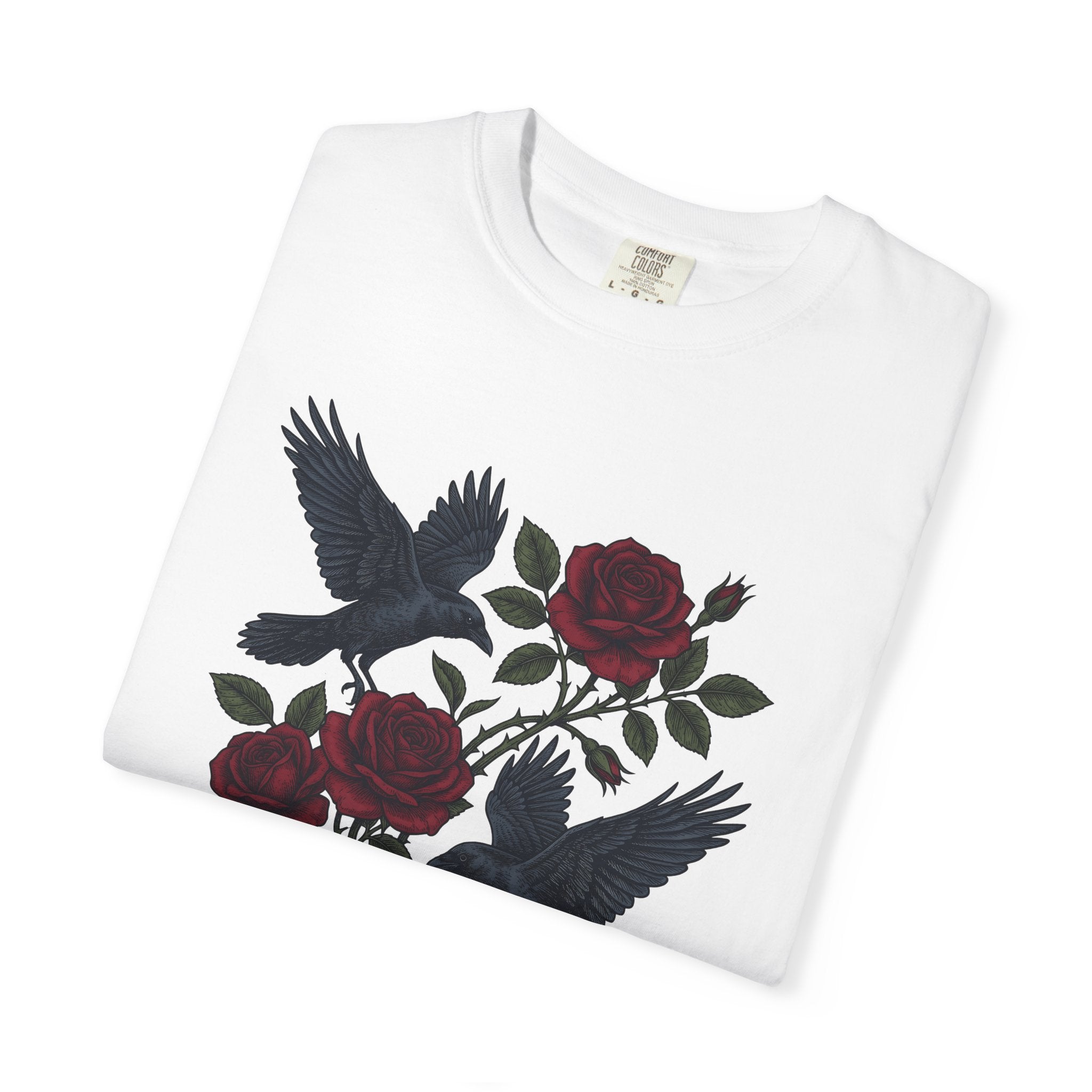 Blackbird Rose Shirt Animals & Flowers Gothic Gift Women Sketch Tee Black Rose T-Shirt Floral Fan Drawing Graphic Dark Old School Branches