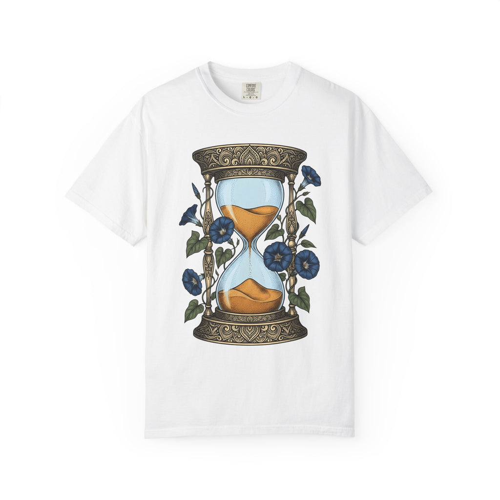 Hourglass Floral Shirt Boho Chic Botanical Gift Women Tattoo Tee Sand Timer T-Shirt Bohemian Fan Ink Tshirt Floral Graphic Vintage Blue