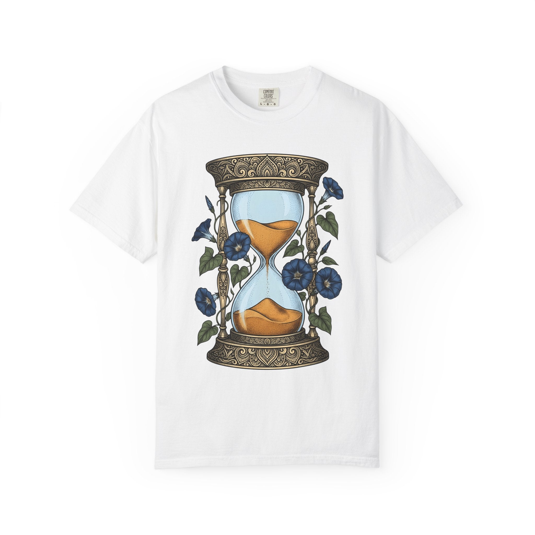 Hourglass Floral Shirt Boho Chic Botanical Gift Women Tattoo Tee Sand Timer T-Shirt Bohemian Fan Ink Tshirt Floral Graphic Vintage Blue