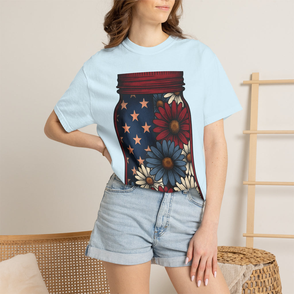 Jar Bouquet Shirt America Freedom Gift Women Old-Fashioned Tee Flower Arrangement T-Shirt Patriot Fan Vintage Tshirt Liberty Graphic Outline