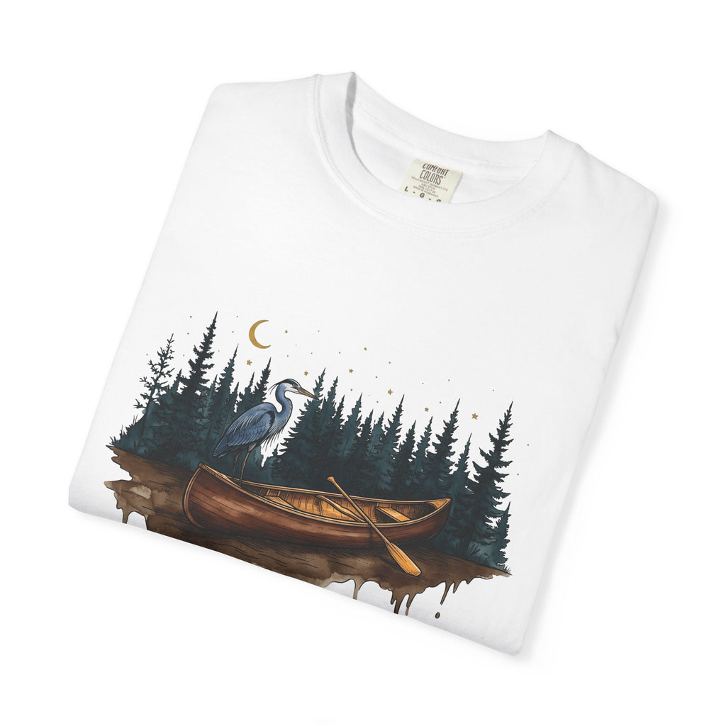 Kayak Bird Shirt Camping Exploration Gift Women Sketch Tee Heron T-Shirt Camper Fan Hand Drawn Tshirt Adventure Graphic Retro Fir Trees