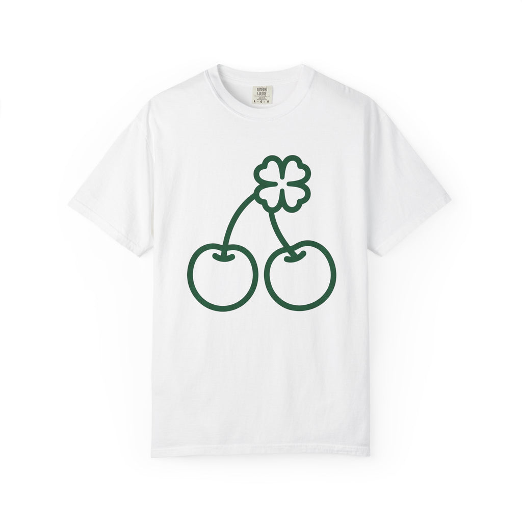 Clover Cherry Shirt St. Patrick's Day Talisman Gift Women Basic Tee Cherry T-Shirt Luck Fan Simple Tshirt Amulet Graphic Sketch Lucky Leaf