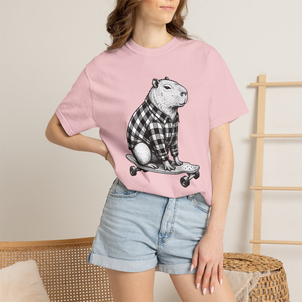 Capybara Skateboard Shirt Animals Comedy Gift Women Doodle Tee Rodent T-Shirt Wildlife Fan Cartoon Tshirt Humor Graphic Classic Plaid