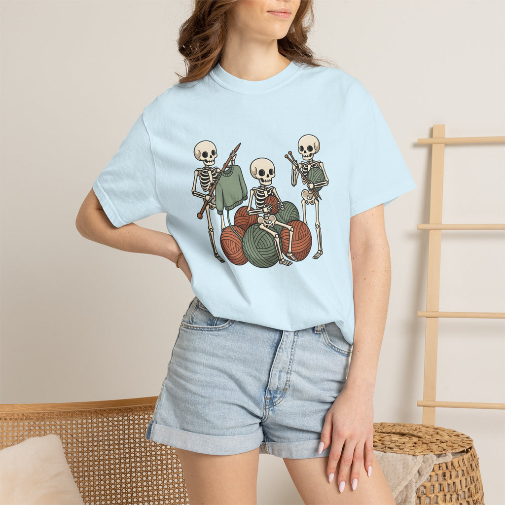 Skeleton Knitting Shirt Halloween Knitting Gift Women Cartoon Tee Bone Knitting T-Shirt Horror Fan Cartoonish Tshirt Knitting Design Hand
