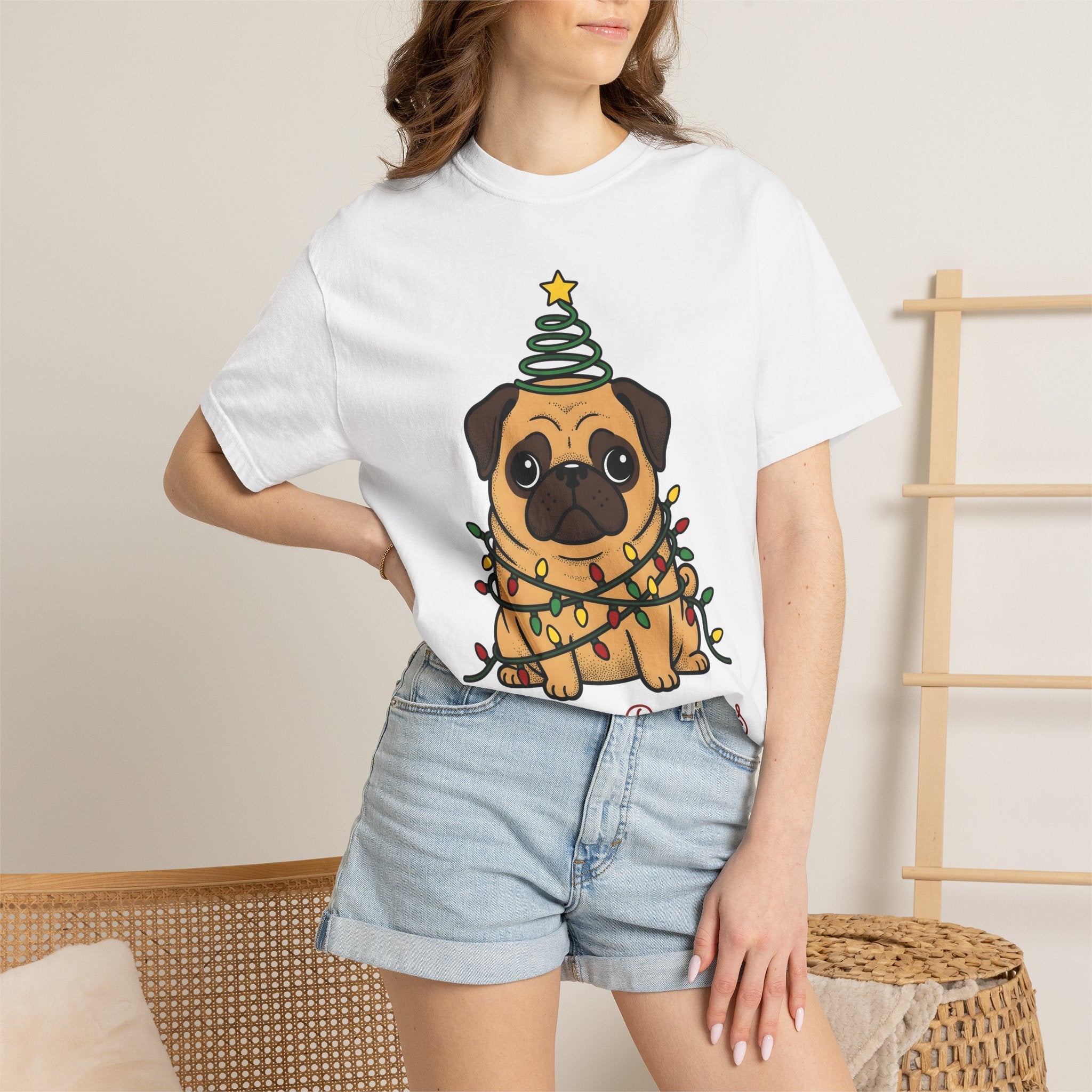 Pug Puppy Shirt Christmas Pet Gift Women Comic Tee Puppy T-Shirt Xmas Fan Cartoon Tshirt Animal Graphic Sketch Holiday Lights Tshirt