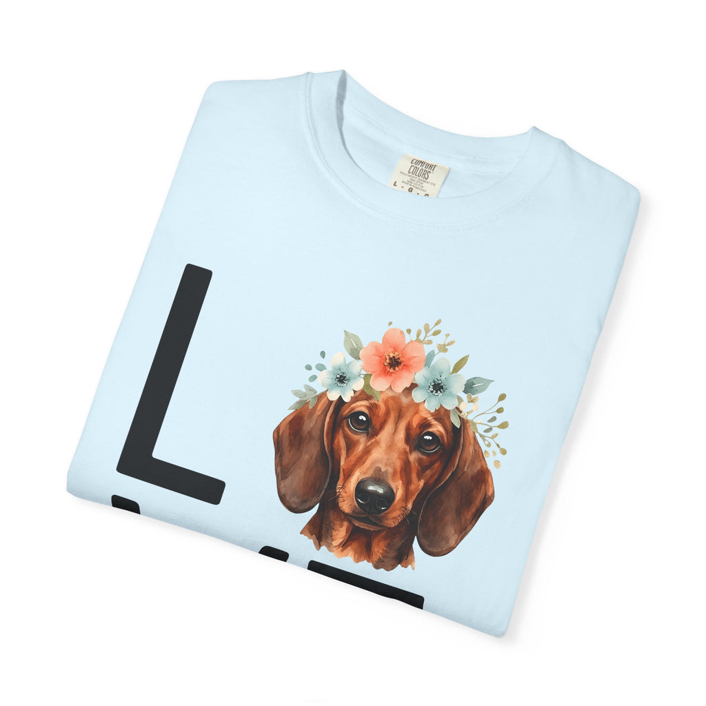 Dachshund Hound Shirt Dog Garden Gift Women Painted Tee Wiener Dog T-Shirt Dog Fan Hand Painted Tshirt Gardening Graphic Clean Lines Floral
