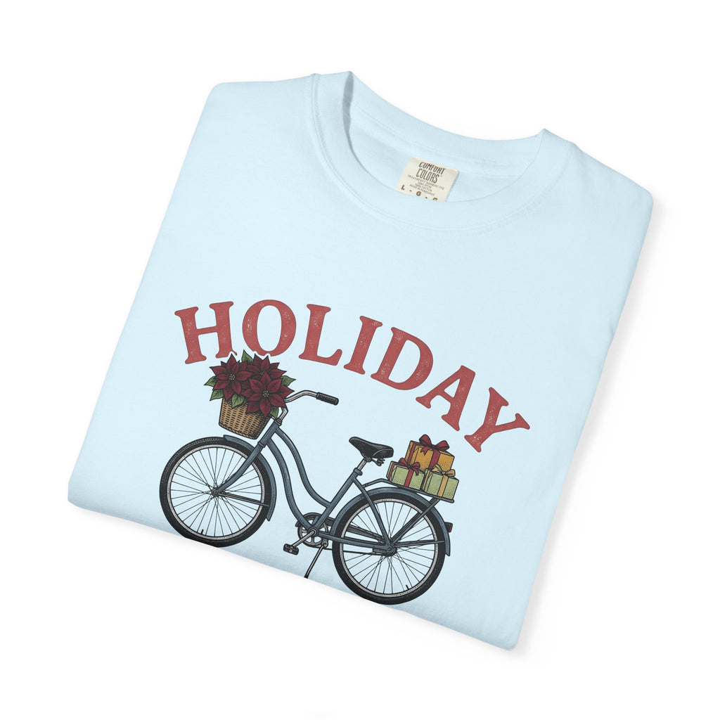 Bike Gifts Shirt Christmas Seasonal Gift Women Nostalgic Tee Bicycle T-Shirt Xmas Fan Holiday Graphic Tshirt Pencil Sketch Red Flower Tshirt