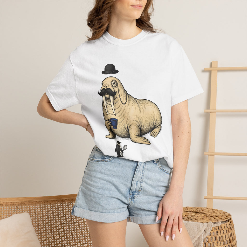 Walrus Tea Party Shirt Animals Humor Gift Women Vintage Tee Walrus T-Shirt Wildlife Fan Retro Tshirt Funny Graphic Hand Drawn Penguin Tshirt
