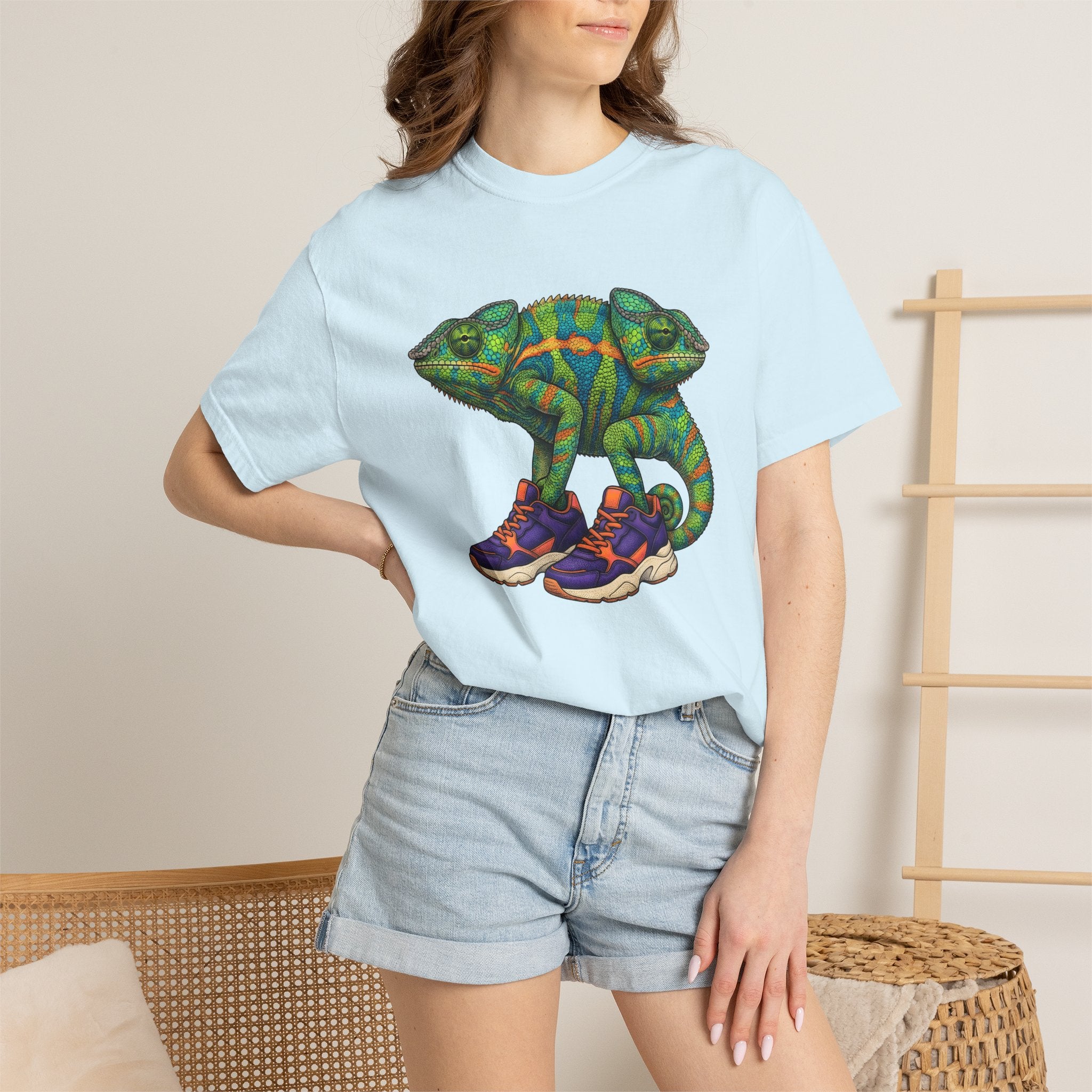 Chameleon Sneakers Shirt Animals Reptile Gift Women Vibrant Graphic Tee Custom Shoes T-Shirt Wildlife Fan Kicks Graphic Reptile Illustration