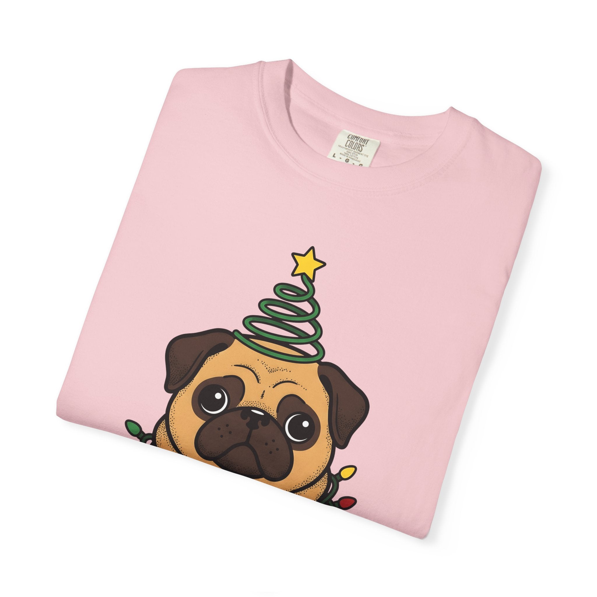 Pug Puppy Shirt Christmas Pet Gift Women Comic Tee Puppy T-Shirt Xmas Fan Cartoon Tshirt Animal Graphic Sketch Holiday Lights Tshirt