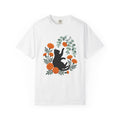 Black Puss Shirt Cat Greenery Gift Women Needlework Tee Cat T-Shirt Cat Fan Embroidery Tshirt Foliage Graphic Plant Orange Petals Tshirt