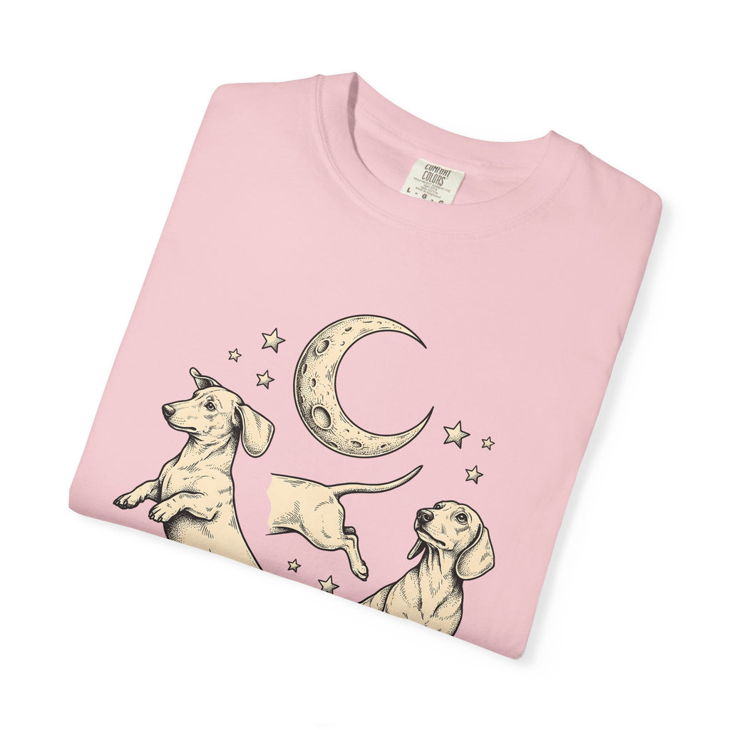 Dachshund Pups Shirt Dog Astrology Gift Women Sketch Tee Wiener Dog T-Shirt Dog Fan Doodle Graphic Tshirt Retro Crescent Moon Tshirt