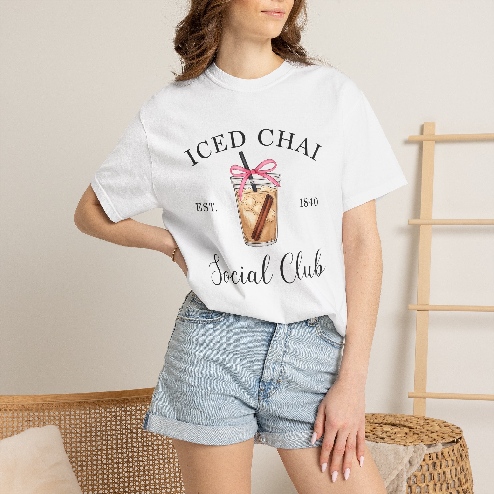 Iced Chai Cup Shirt Coffee Tea Gift Women Hand Drawn Tee Chai Mug T-Shirt Coffee Fan Tea Cup Graphic Illustration Vintage Pink Bow Tshirt