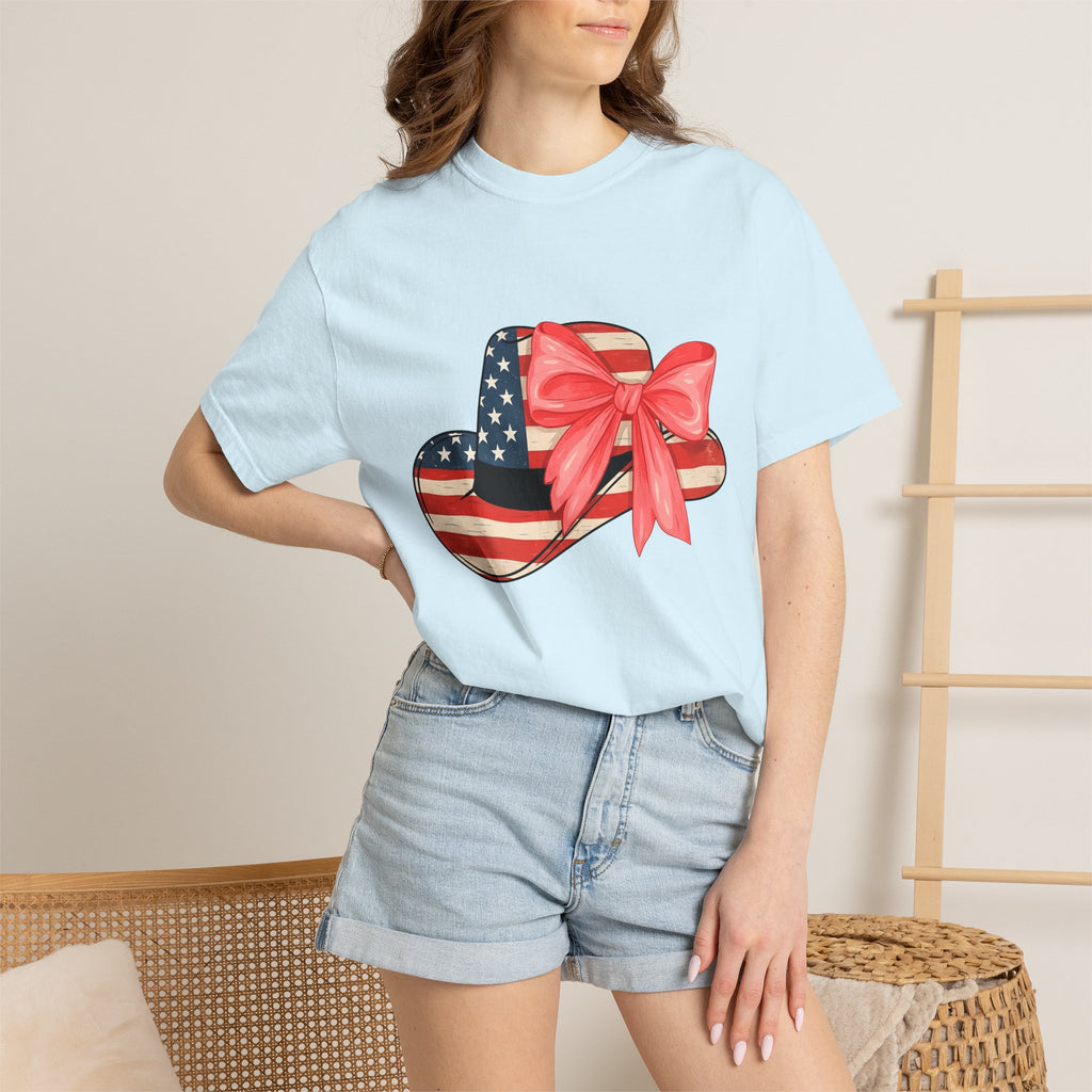 Patriotic Hat Shirt 4th Of July Patriotic Gift Women Vintage Tee Cap T-Shirt Fireworks Fan Retro Tshirt American Graphic Hand Drawn Bow