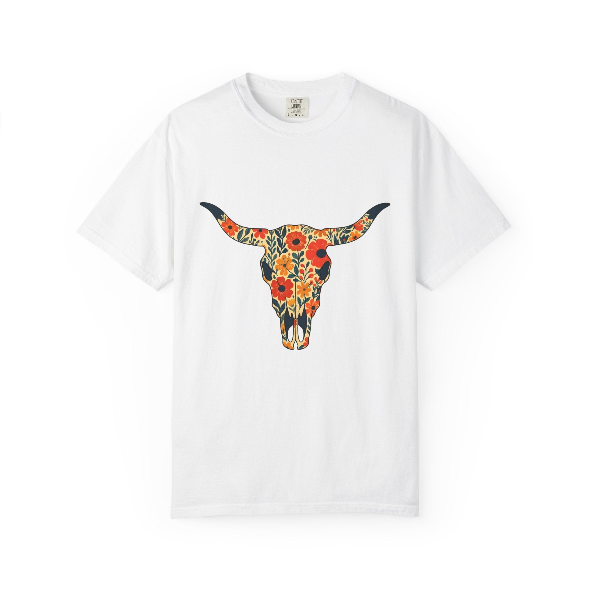 Steer Skull Shirt Cowgirl Ranch Gift Women Southwestern Tee Bull Skull T-Shirt Rodeo Fan Western Tshirt Farm Graphic Sketch Prairie Flowers