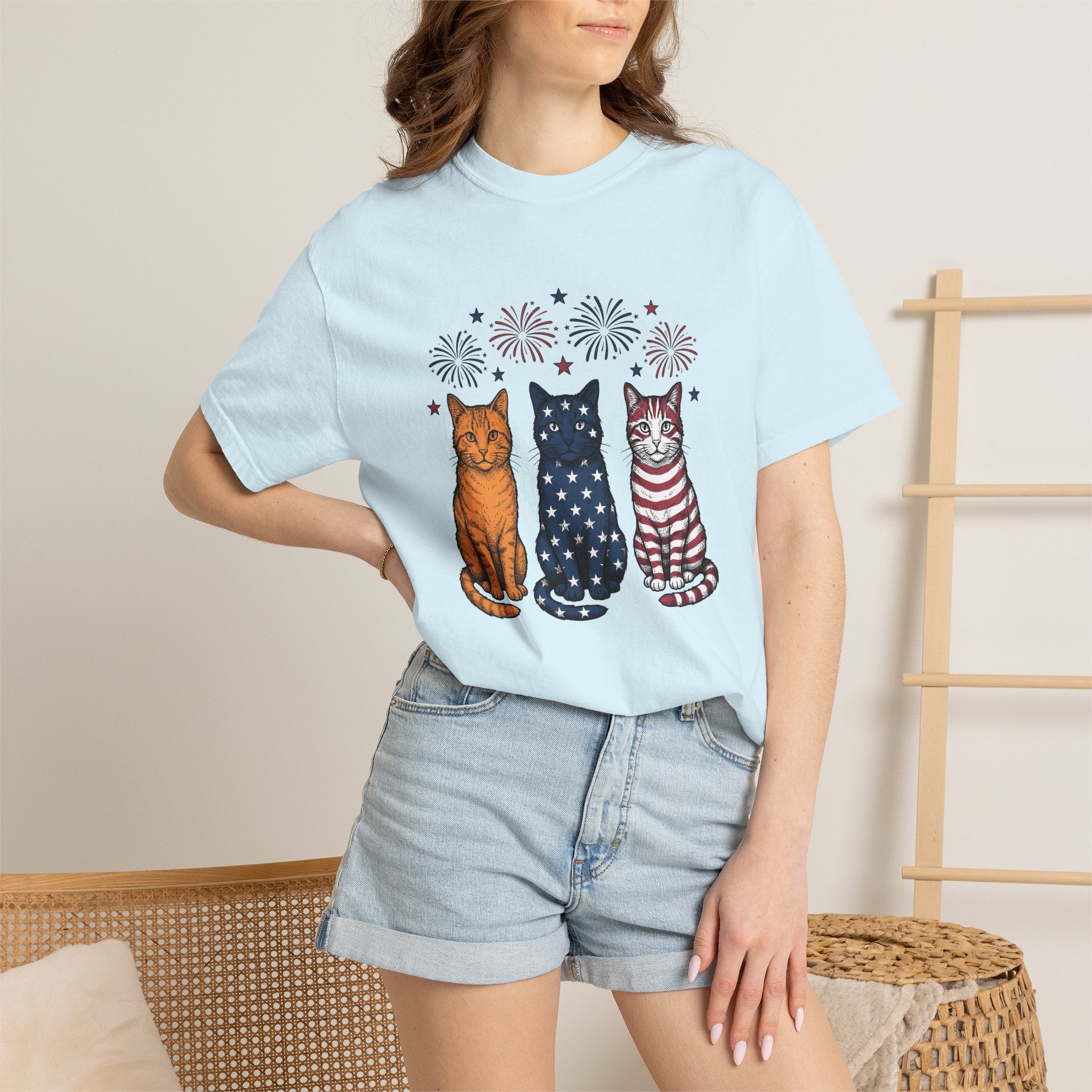 American Cats Shirt 4th Of July Kitten Gift Women Sketch Tee Felines T-Shirt Independence Day Fan Cat Illustration Retro Sparklers Tshirt
