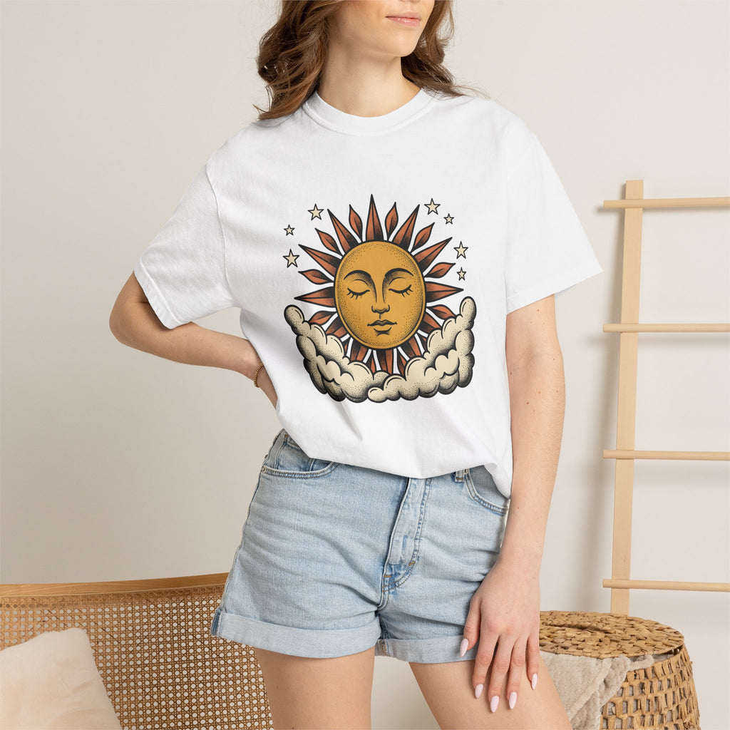Sun Face Shirt Boho Chic Zodiac Gift Women Mandala Tee Sun T-Shirt Bohemian Fan Mandala Tshirt Astrology Graphic Sketch Clouds Tshirt