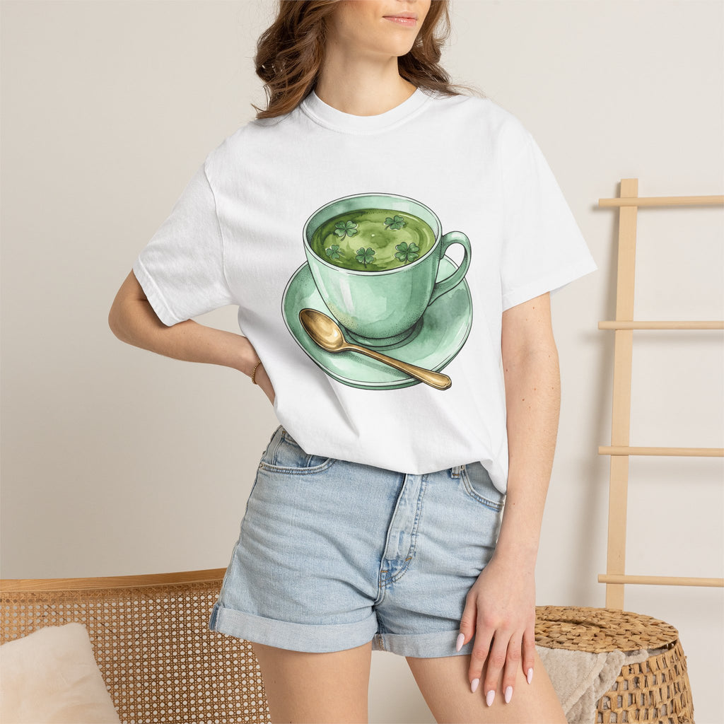 Lucky Leaf Cup Shirt St Patrick's Day Infusion Gift Women Painted Tee Tea Cup T-Shirt Shamrock Fan Hand Painted Tshirt Herbal Graphic Sketch