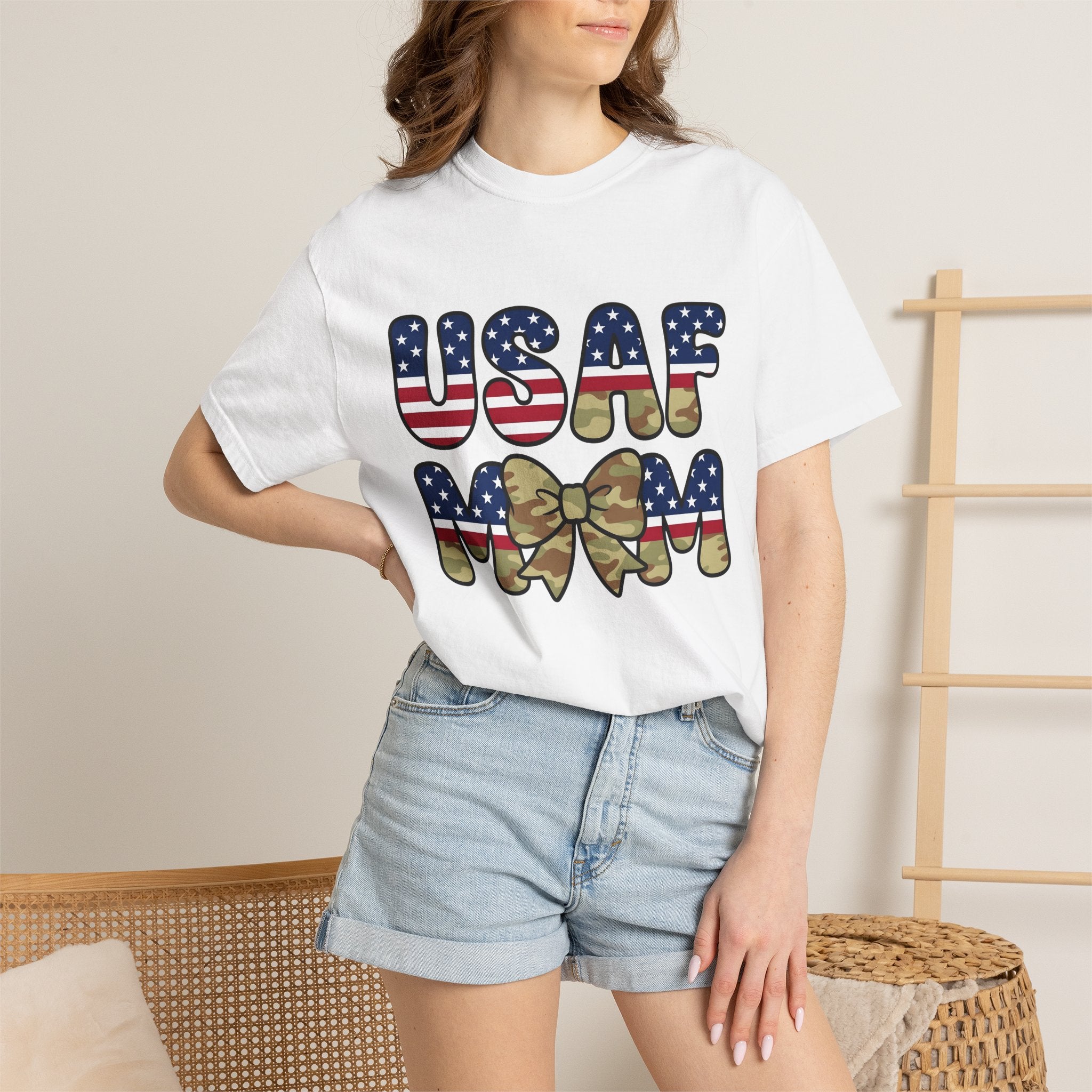 Camo Hair Bow Shirt Military Mom Freedom Gift Women Thick Tee Hair Bow T-Shirt Military Wife Fan Bold Tshirt Liberty Graphic Old School