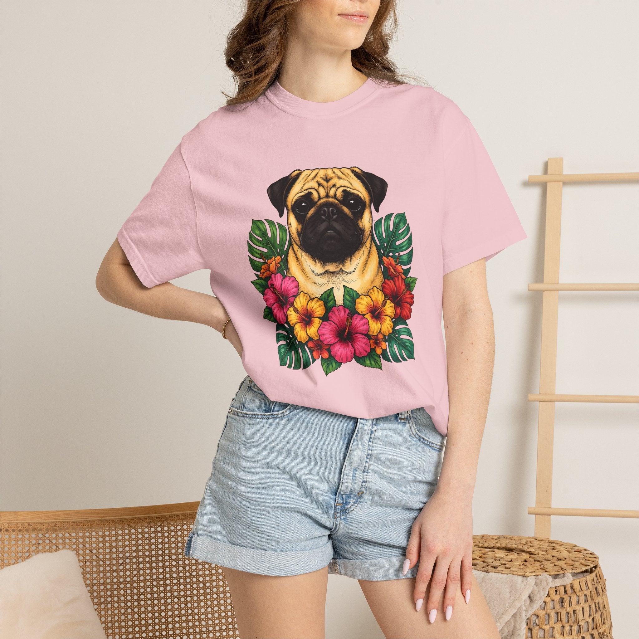 Pug Shirt Dog Botanicals Gift Women Sketch Tee Mops T-Shirt Dog Fan Drawing Graphic Retro Tropical Flowers Tshirt