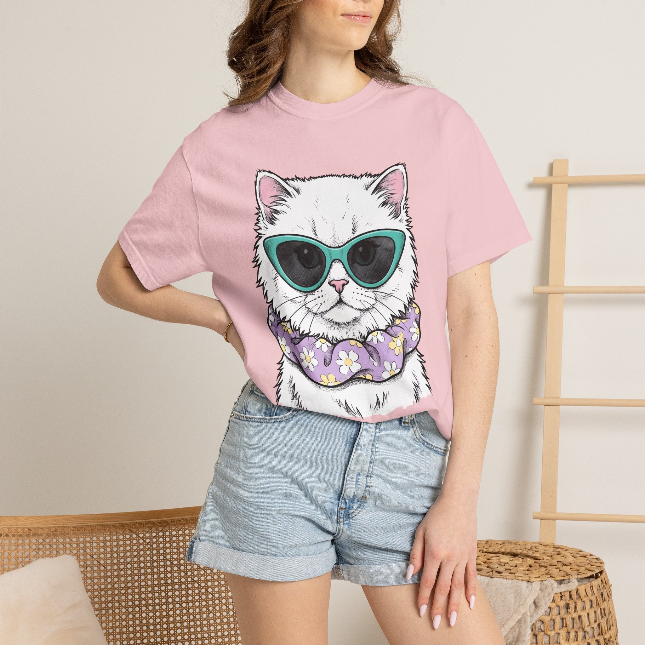 White Kitten Shirt Easter Pet Gift Women Sketch Tee Kitten T-Shirt Easter Fan Drawing Graphic Vintage Flower Scarf Tshirt