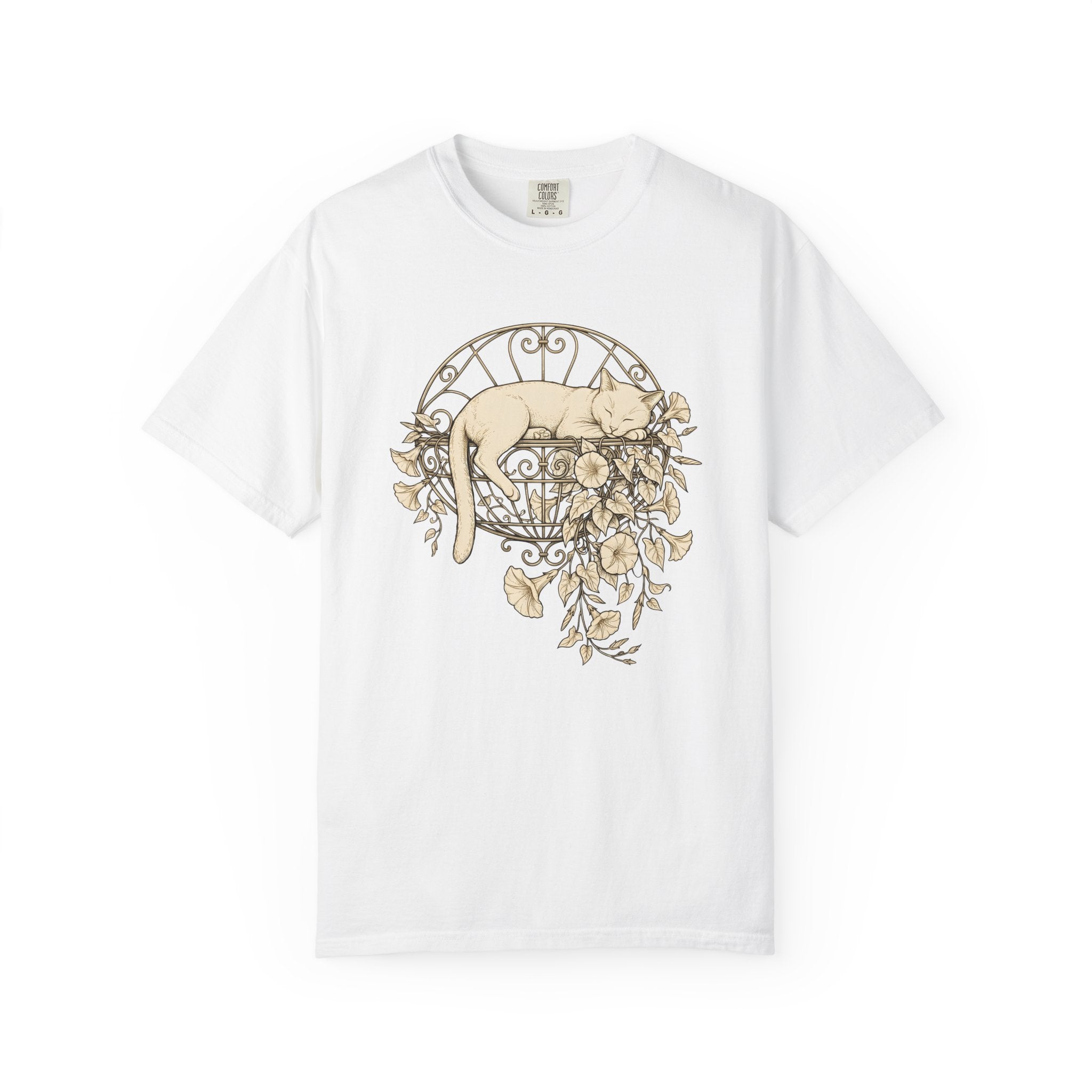 Napping Cat Shirt Cat Botanicals Gift Women Retro Tee Kitten T-Shirt Cat Fan Feline Tshirt Floral Graphic Sketch Blooms Tshirt