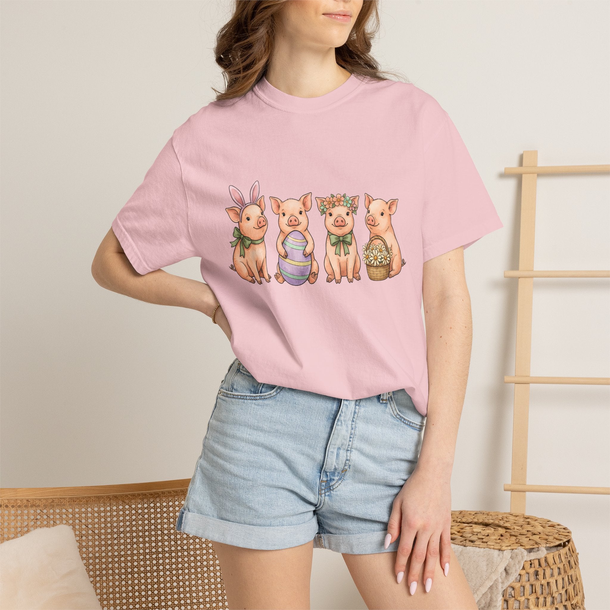 Pig Pack Shirt Easter Beasts Gift Women Lovable Tee Piggy T-Shirt Easter Fan Cute Tshirt Creature Graphic Line Art Decorated Egg Tshirt