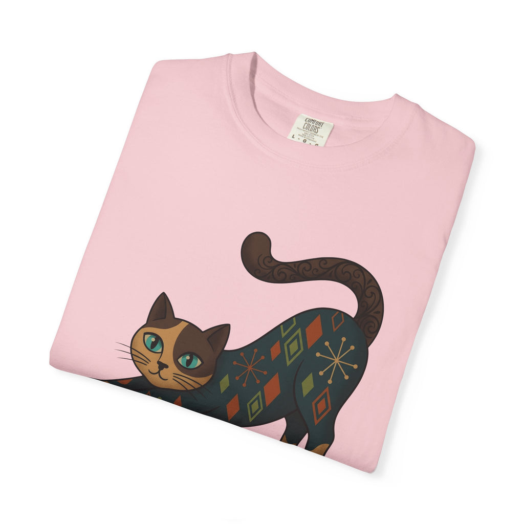 Stretching Cat Shirt Cat Animal Gift Women Mid Century Tee Kitten T-Shirt Cat Fan Fifties Tshirt Wildlife Graphic Retro Geometric Pattern