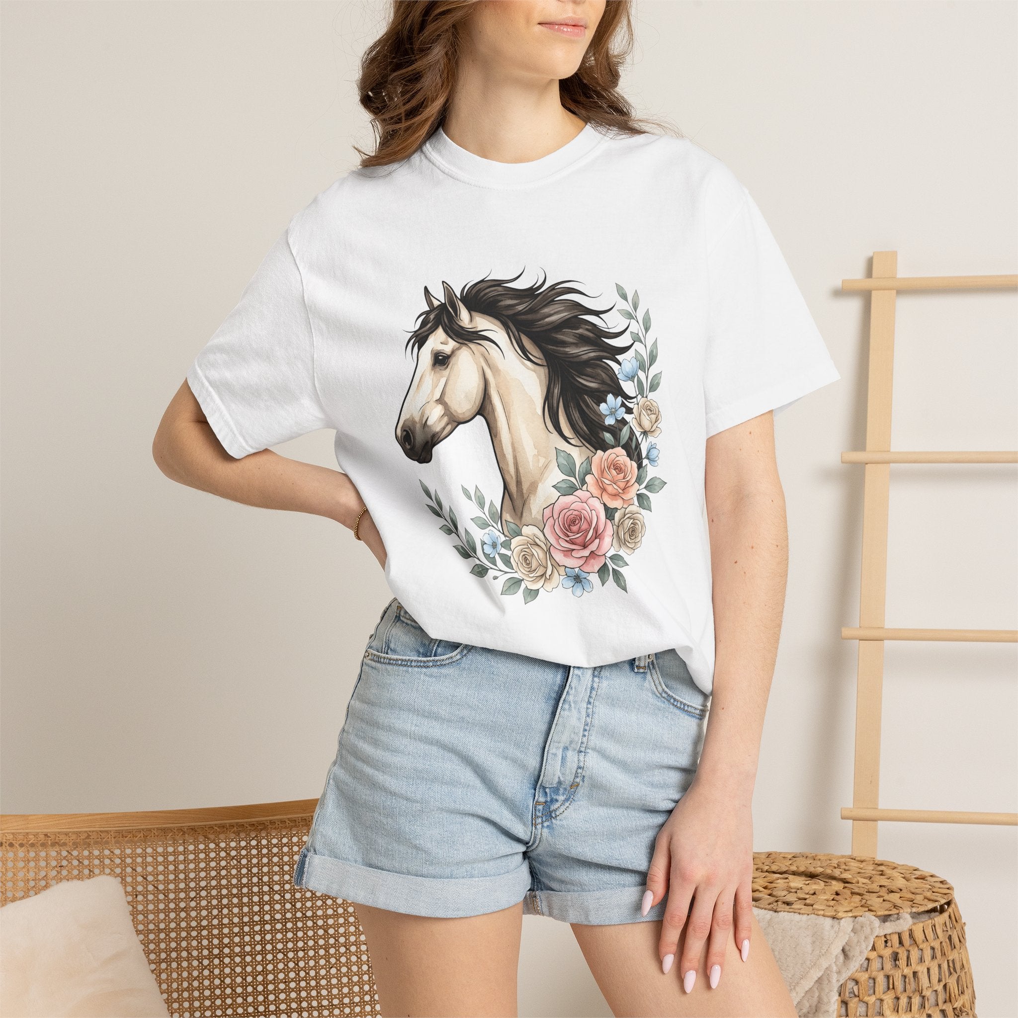 Horse Flower Shirt Boho Chic Wildlife Gift Women Paint Tee Equine T-Shirt Hippie Fan Bohemian Tshirt Animal Graphic Sketch Rose Tshirt